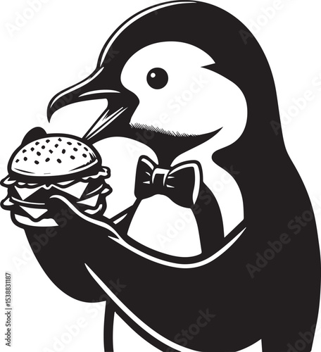 A dapper penguin waiter proudly presents a juicy double cheeseburger, a whimsical black and white illustration perfect for restaurant menus or food blogs.