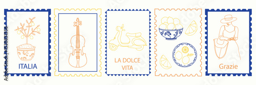 Hand drawn Italy postcard stamps. Vespa scooter, violin, lemons plant, fashion woman, lemon pot. Italian travel elements. Vector doodle sketch illustration.