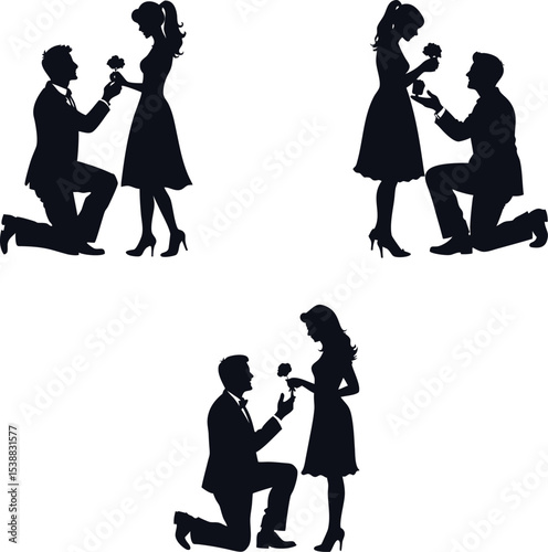 Sets of silhouette boy  setting up on his knee a man proposes a woman to marry vector illustration