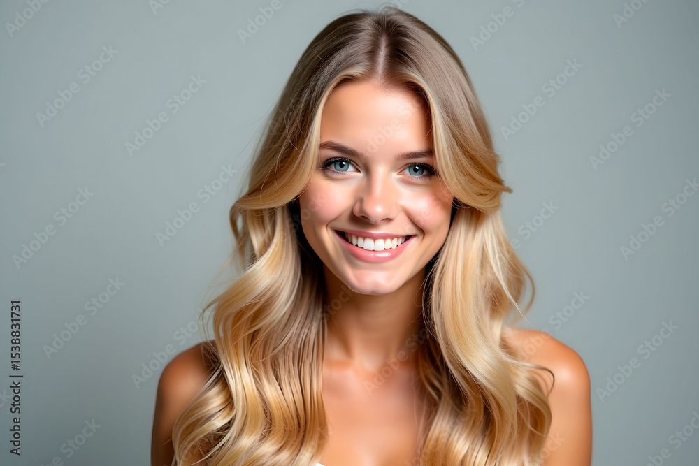 Naklejka premium beautiful girl blonde light hair laughs for advertising shampoos, creams