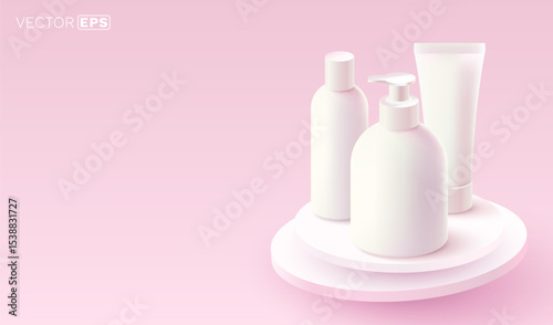 Cosmetic set, cream, shampoo, gel, banner objects on pink background. Vector