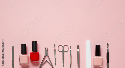 Manicure tools and nail polish on pink background