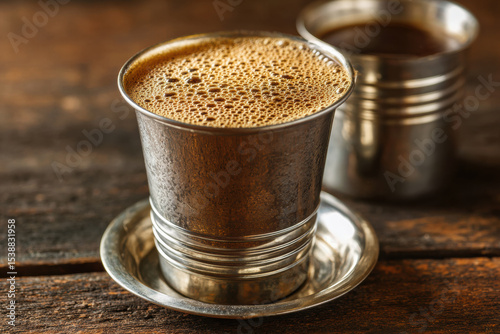 Hot Frothy Filter Kaapi in Steel Cup on Old Wooden Background