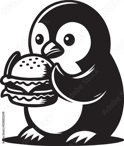 A dapper penguin waiter proudly presents a juicy double cheeseburger, a whimsical black and white illustration perfect for restaurant menus or food blogs.