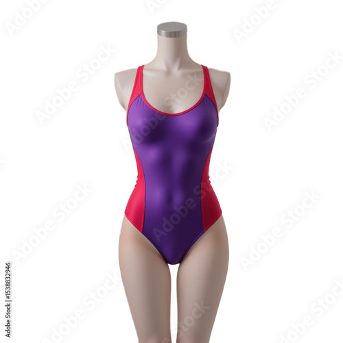 Maniquí exhibiendo un bañador azul con morado sobre fondo transparente. PNG. 