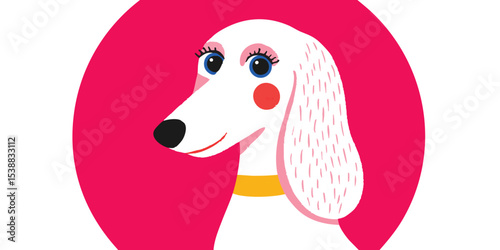 A charming cartoon dog, rendered in a playful style, featuring long, floppy ears, a sweet expression, and adorning a delicate collar and a bright red background.