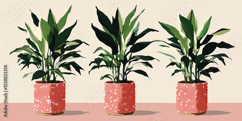 Three potted plants showcasing fresh foliage and vibrant red pots, evoke a sense of harmony and serenity. The artistic composition, set against a clean background.