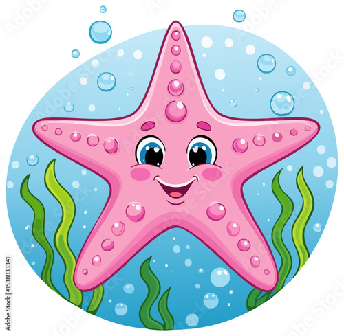 Cute pink starfish with happy face in the sea clipart illustration, isolated 