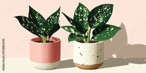 Two potted Aglaonema plants, presented in aesthetically pleasing ceramic pots against a soft pastel backdrop, showcasing the beauty of indoor greenery and a modern home decor aesthetic.