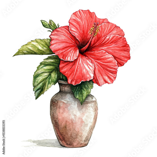 red hibiscus flower in vase watercolor clip art preview