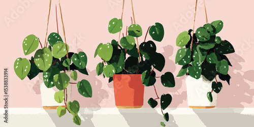 Three vibrant hanging potted plants create a calming atmosphere and artistic appeal. Their refreshing green leaves, displayed against a soft background, add a touch of nature.