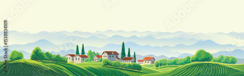 Vector illustration, rustic landscape with a village perched atop a hill, featuring a panoramic view of mountains and rolling hills in the background.