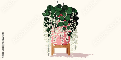 A charming hanging plant, its cascading greenery and delicate white flowers creating a tranquil oasis. A touch of nature in a minimalist style.