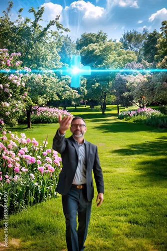 Man in Suit with Glowing Cross in Serene Garden