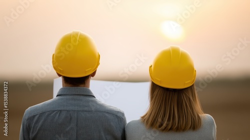Construction site safety, two workers wearing protective hard hats for enhanced head protection and occupational safety