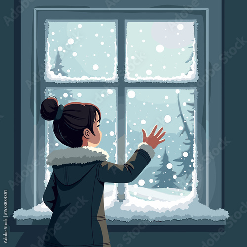 Girl watching snow fall from window in winter scene  