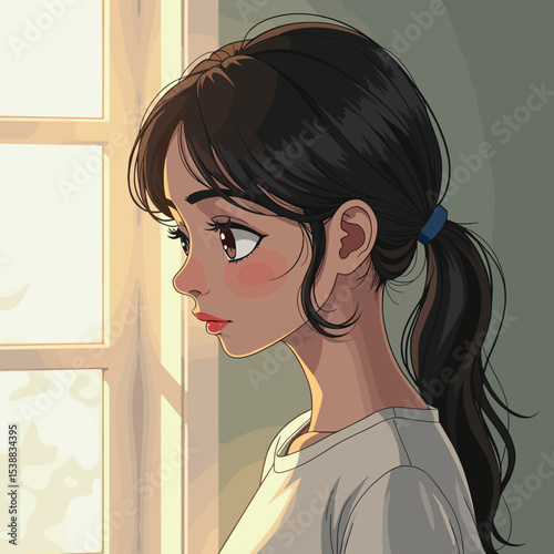 Young woman gazing thoughtfully out of window in cozy interior  