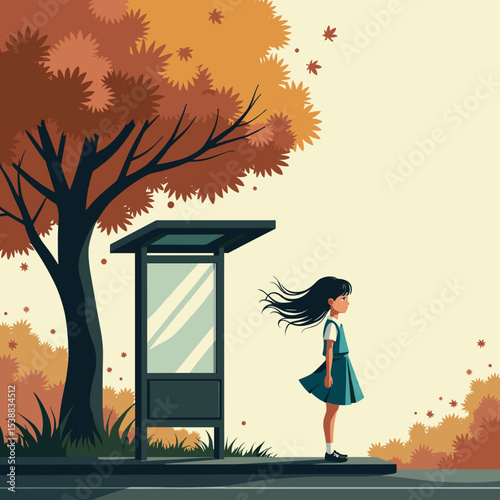 Young girl standing at a bus stop under autumn tree with falling leaves  