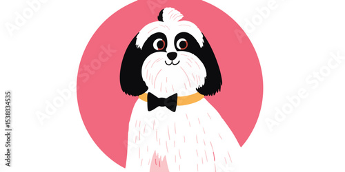 A charming illustration of a fluffy shih tzu, a beloved companion with striking black and white fur, is centered within a vivid pink circle.