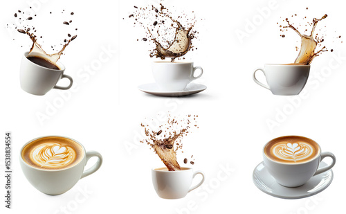 Collection of coffee cup in mid-air, as if being set down on a table, with the coffee inside catching the light just before it touches the surface. isolate on transparent background