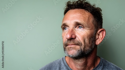 Expressive and creative portrait of a relaxed middle-aged man wearing a casual grey t-shirt, highlighted by a soft light green background and generous copy space