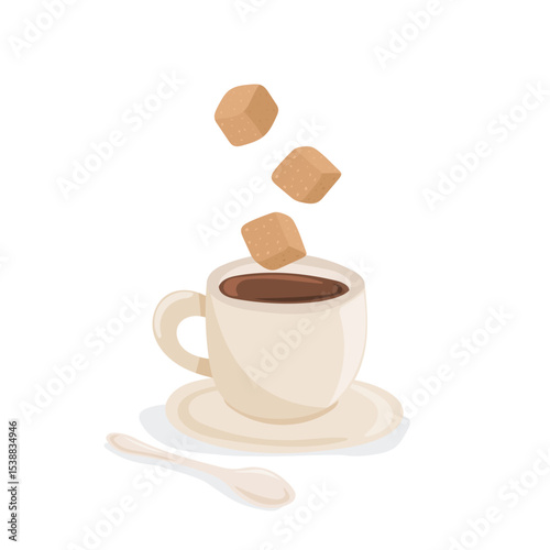 Vector illustration of a coffee mug with black coffee, three brown sugar cubes and a plastic spoon. Suitable for menu design, packaging and coffee related projects