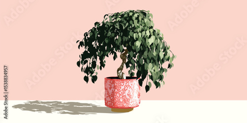 A vibrant potted plant brings life and tranquility to a minimalist indoor space. Its lush green leaves and a decorative pot create a serene ambiance, enhanced by soft natural light and a warm.