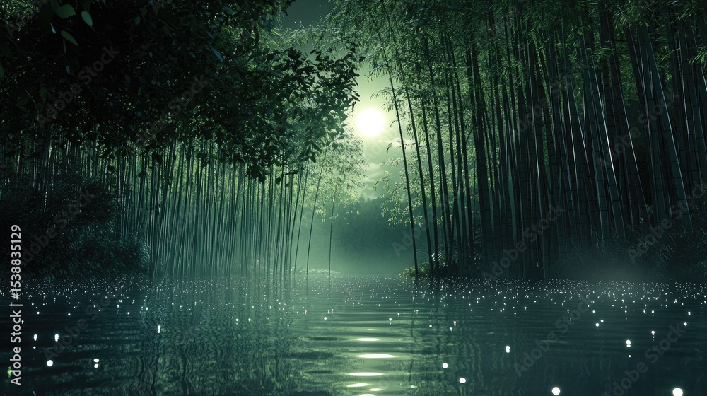 Obraz premium Enchanted Bamboo Forest Illuminated by Moonlight with Glowing Fireflies Reflected in Tranquil Water
