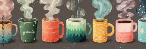 Warm Illustrated Coffee Mugs With Gratitude Steam Shapes Create a Cozy Atmosphere for Reflection and Connection