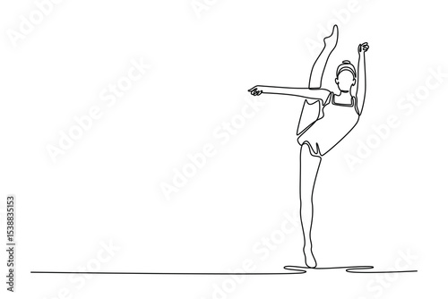 Continuous one line drawing young girl rhythmic gymnast practice split stand. Female movement, flexible dancing athlete. Action sports competition. Single line draw design vector graphic illustration