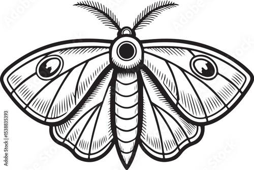 Moth Mothman Cryptid Vector Illustration, Sketch Drawing Line Linear Symbol Icon Engraving Coloring Book, Hand-drawn Black and White Isolated