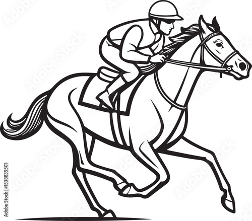Jockey during a horse race Vector Illustration, Sketch Drawing Line Linear Symbol Icon Engraving Coloring Book, Hand-drawn Black and White Isolated