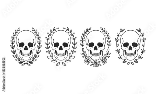 Scalable vector illustration featuring four symmetrical human skulls, each centered within an individual floral wreath. The skulls should be minimalist, using bold black outlines, easily editable.