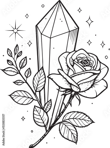 Crystal Gemstone Rose Quartz Obsidian Moonstone Diamond Topaz Vector Illustration, Sketch Drawing Line Linear Symbol Icon Engraving Coloring Book, Hand-drawn Black and White Isolated