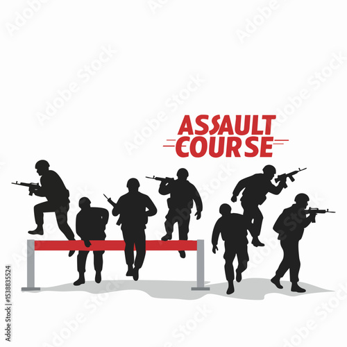 Assault Course Silhouette: A striking illustration captures the dynamic movement of soldiers navigating an obstacle course, embodying courage and discipline.