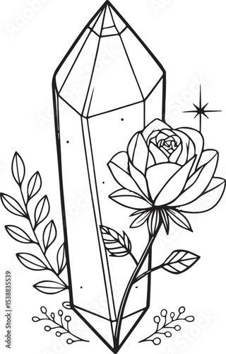 Crystal Gemstone Rose Quartz Obsidian Moonstone Diamond Topaz Vector Illustration, Sketch Drawing Line Linear Symbol Icon Engraving Coloring Book, Hand-drawn Black and White Isolated
