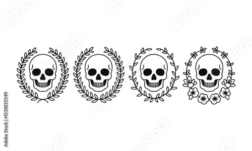 Scalable vector illustration featuring four symmetrical human skulls, each centered within an individual floral wreath. The skulls should be minimalist, using bold black outlines, easily editable.