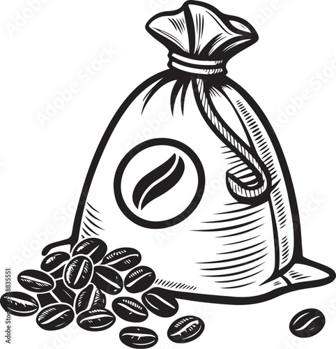 Coffee Beans in Sack or Bag Vector Illustration, Sketch Drawing Line Linear Symbol Icon Engraving Coloring Book, Hand-drawn Black and White Isolated