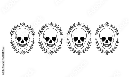 Scalable vector illustration featuring four symmetrical human skulls, each centered within an individual floral wreath. The skulls should be minimalist, using bold black outlines, easily editable.