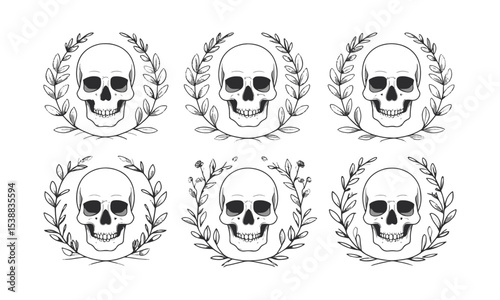 Scalable vector illustration featuring four symmetrical human skulls, each centered within an individual floral wreath. The skulls should be minimalist, using bold black outlines, easily editable.