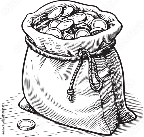Vintage sack or bag full of money coins Vector Illustration, Sketch Drawing Line Linear Symbol Icon Engraving Coloring Book, Hand-drawn Black and White Isolated