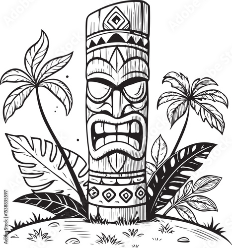Tribal wooden Hawaii totem Tiki Mask Vector Illustration, Sketch Drawing Line Linear Symbol Icon Engraving Coloring Book, Hand-drawn Black and White Isolated