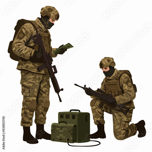 Strategic Planning: An illustration of two soldiers focused on operational planning in a clandestine, high-stakes setting, where preparation and attention to detail are crucial for mission success.