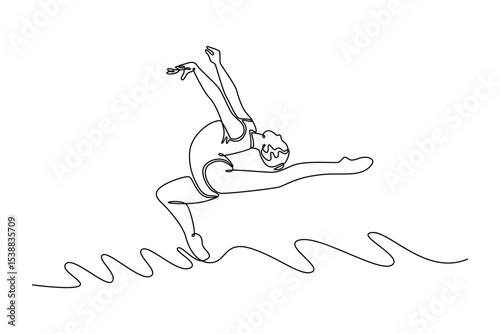 Single continuous line drawing flexible teen girl rhythmic gymnast in dance motion exercise. Sport, beauty, competition, flexibility, active lifestyle. One line draw graphic design vector illustration