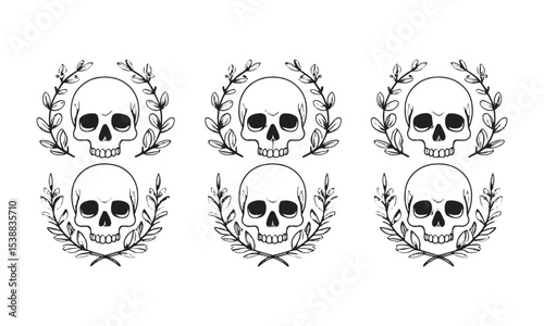 Scalable vector illustration featuring four symmetrical human skulls, each centered within an individual floral wreath. The skulls should be minimalist, using bold black outlines, easily editable.