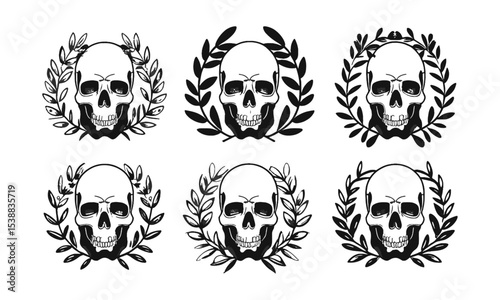 Scalable vector illustration featuring four symmetrical human skulls, each centered within an individual floral wreath. The skulls should be minimalist, using bold black outlines, easily editable.