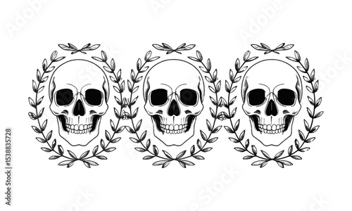 Scalable vector illustration featuring four symmetrical human skulls, each centered within an individual floral wreath. The skulls should be minimalist, using bold black outlines, easily editable.