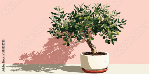 A small olive tree in a pot casts a shadow on a pink wall, evoking a sense of tranquility and understated elegance.