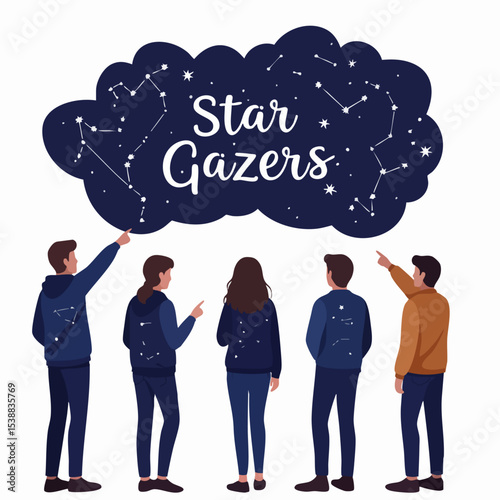 Stargazers Night Sky: Five friends stand in awe, gazing up at a night sky filled with constellations, depicted within a whimsical cloud shape.  The text "Star Gazers" adds a touch of magic.