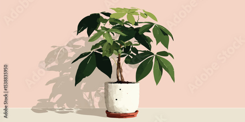 A vibrant money tree stands in a modern, minimalist pot, its lush leaves casting a gentle shadow against a soft-colored backdrop, suggesting freshness and vitality.